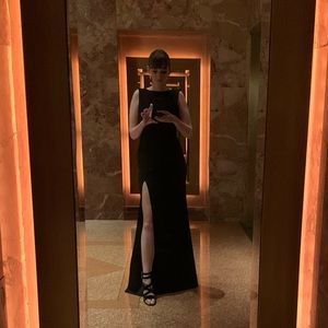 Formal open back crepe dress, black, leg slit